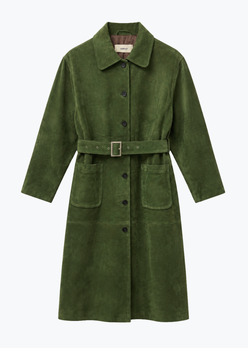 cawley studio womens Long Quinn Italian Suede Jacket in Olive green