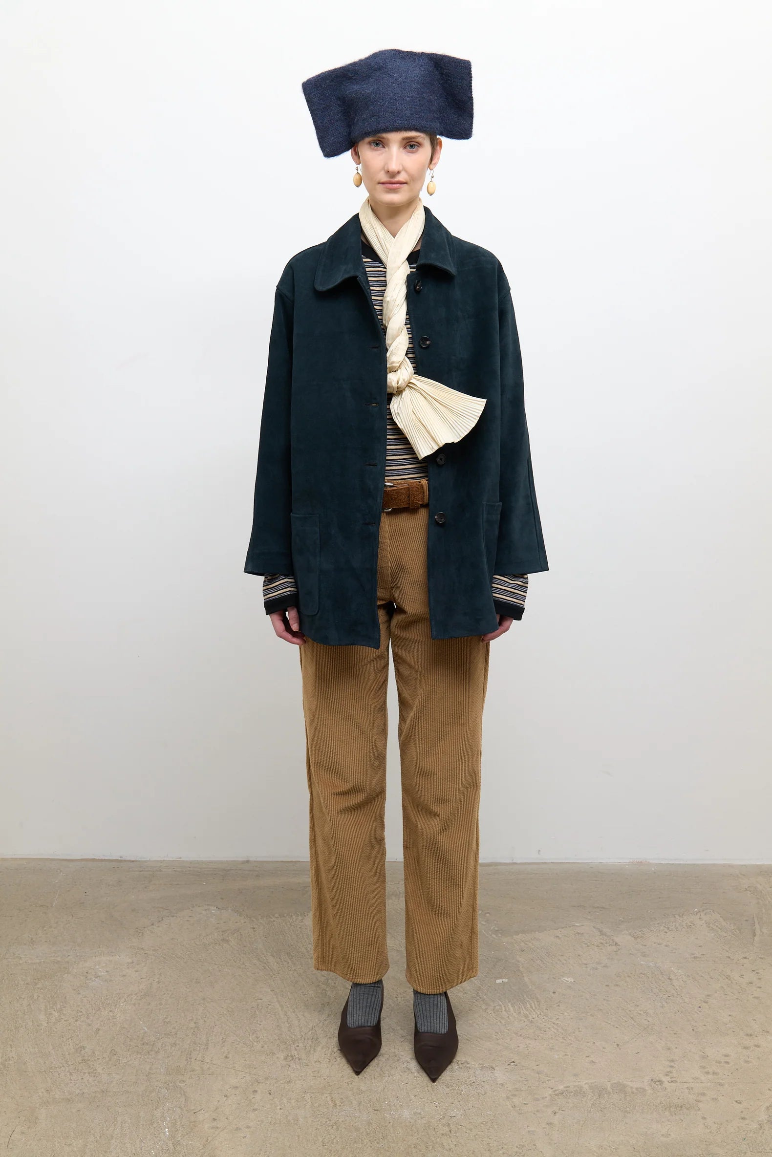 person wearing cawley studio womens Quinn Italian Suede Jacket in Midnight