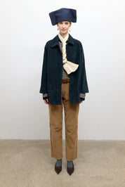 person wearing cawley studio womens Quinn Italian Suede Jacket in Midnight