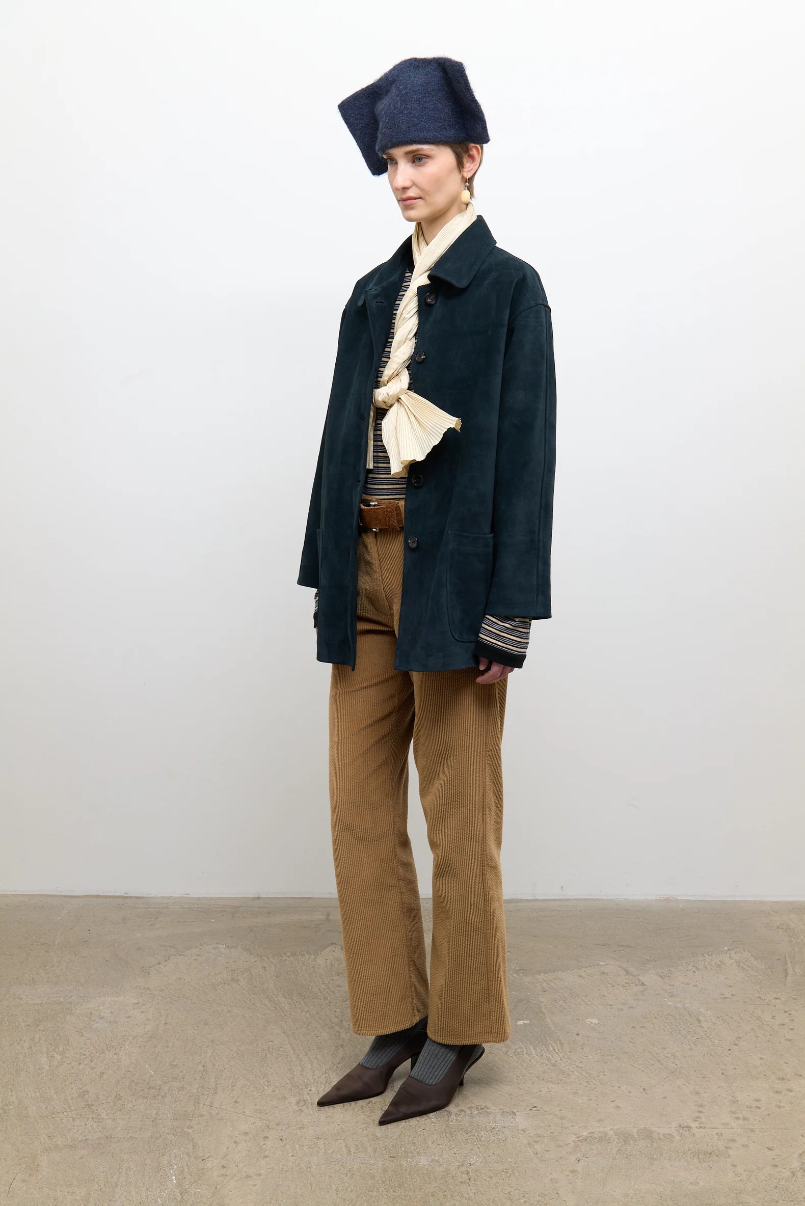 person wearing cawley studio womens Quinn Italian Suede Jacket in Midnight