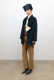 person wearing cawley studio womens Quinn Italian Suede Jacket in Midnight