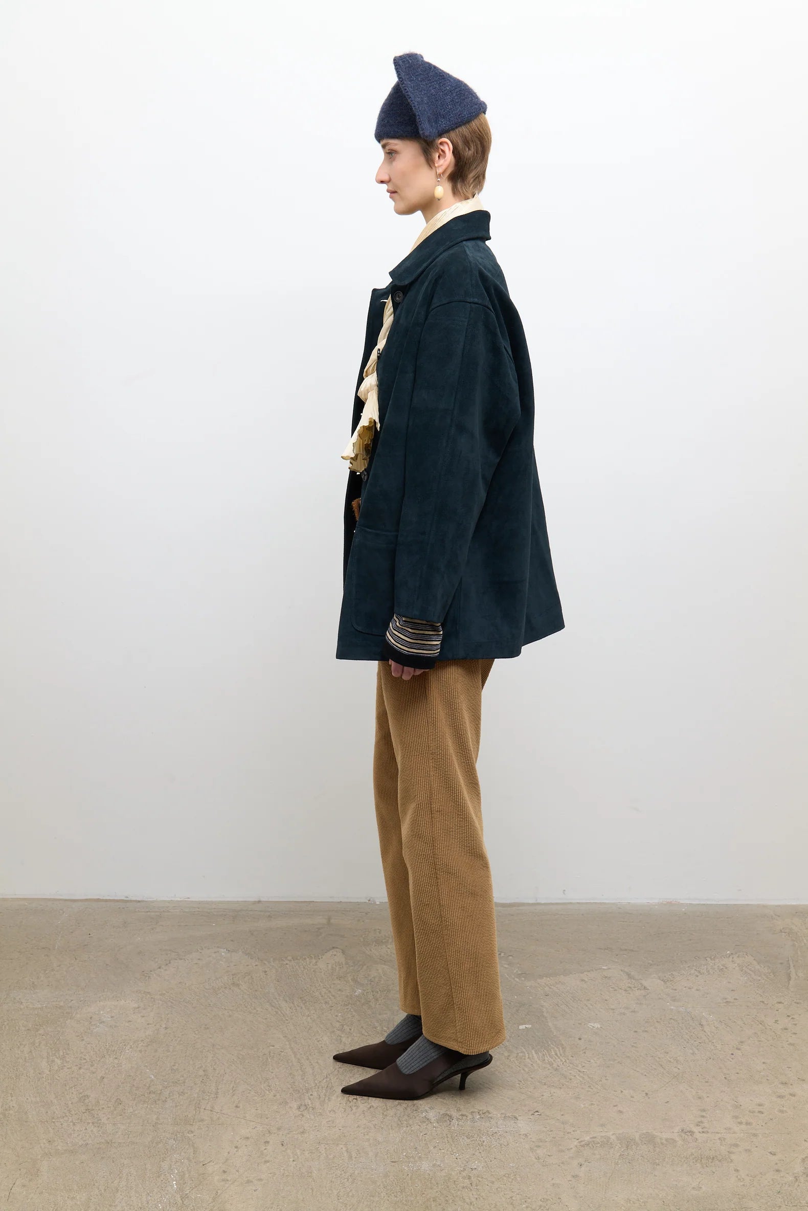 person wearing cawley studio womens Quinn Italian Suede Jacket in Midnight