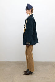 person wearing cawley studio womens Quinn Italian Suede Jacket in Midnight