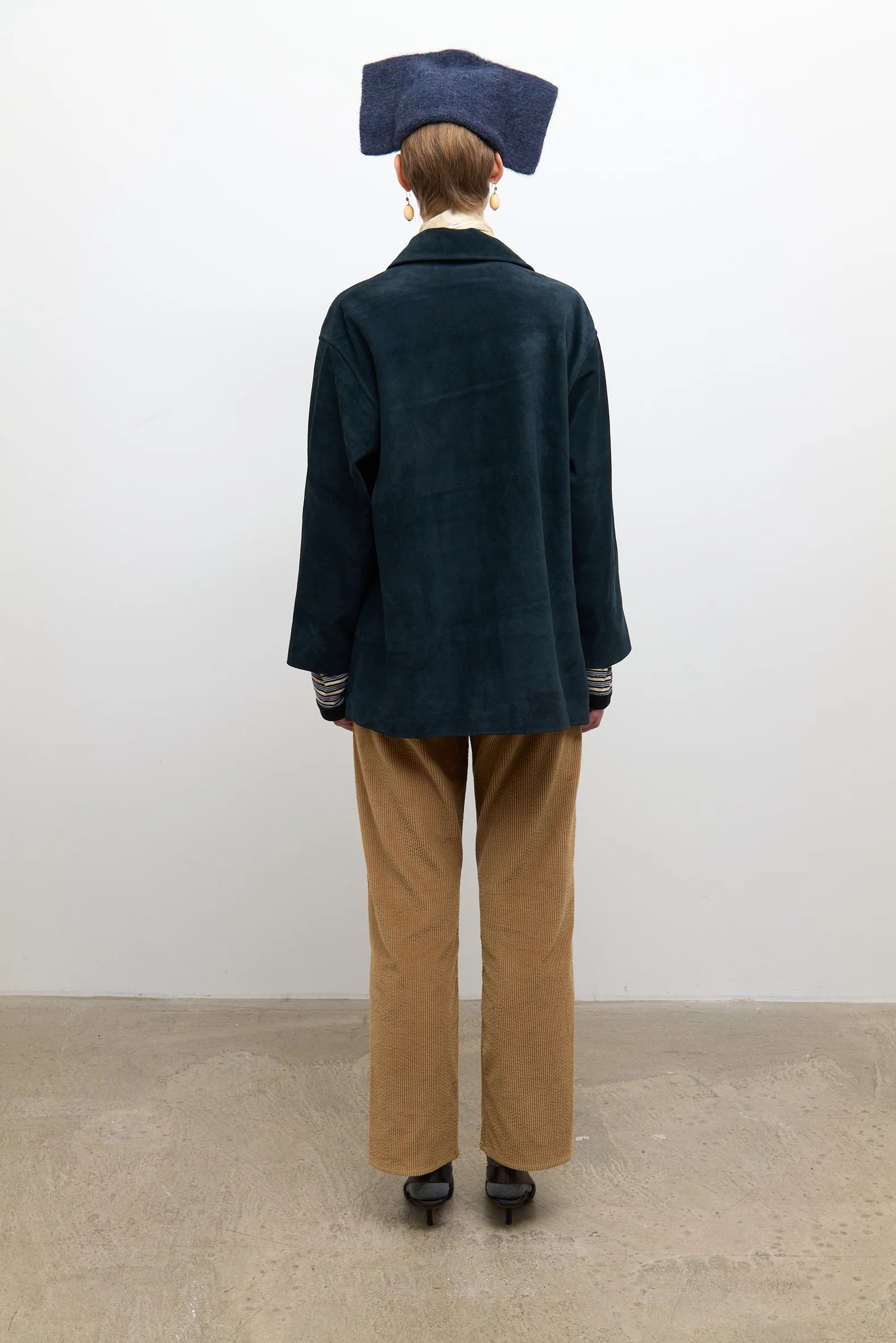 person wearing cawley studio womens Quinn Italian Suede Jacket in Midnight