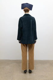 person wearing cawley studio womens Quinn Italian Suede Jacket in Midnight