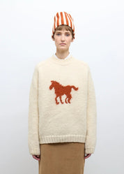 person wearing cawley studio womens mens Brushed British Wool Horse Jumper autumn natural