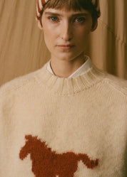 person wearing cawley studio womens mens Brushed British Wool Horse Jumper autumn natural