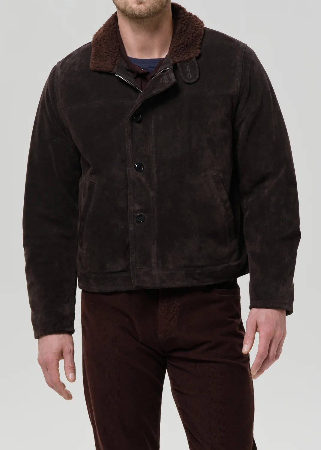 person wearing citizens of humanity mens Deck Suede Jacket In Brown