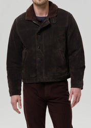 person wearing citizens of humanity mens Deck Suede Jacket In Brown