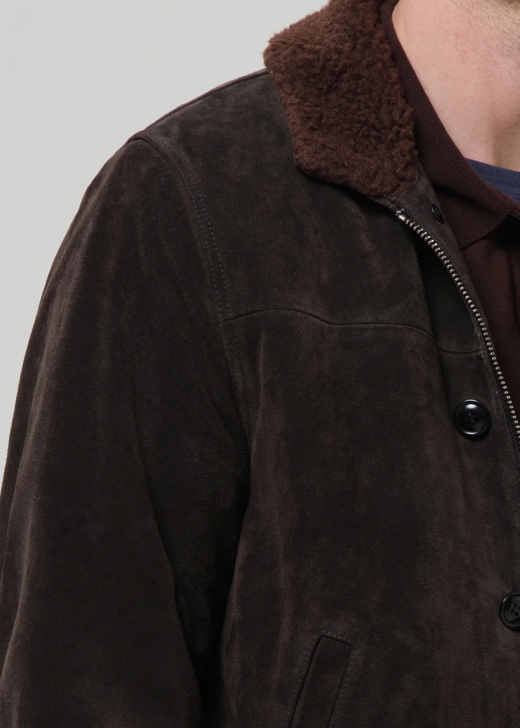 person wearing citizens of humanity mens Deck Suede Jacket In Brown