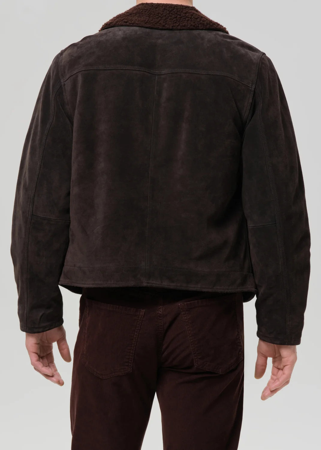 person wearing citizens of humanity mens Deck Suede Jacket In Brown