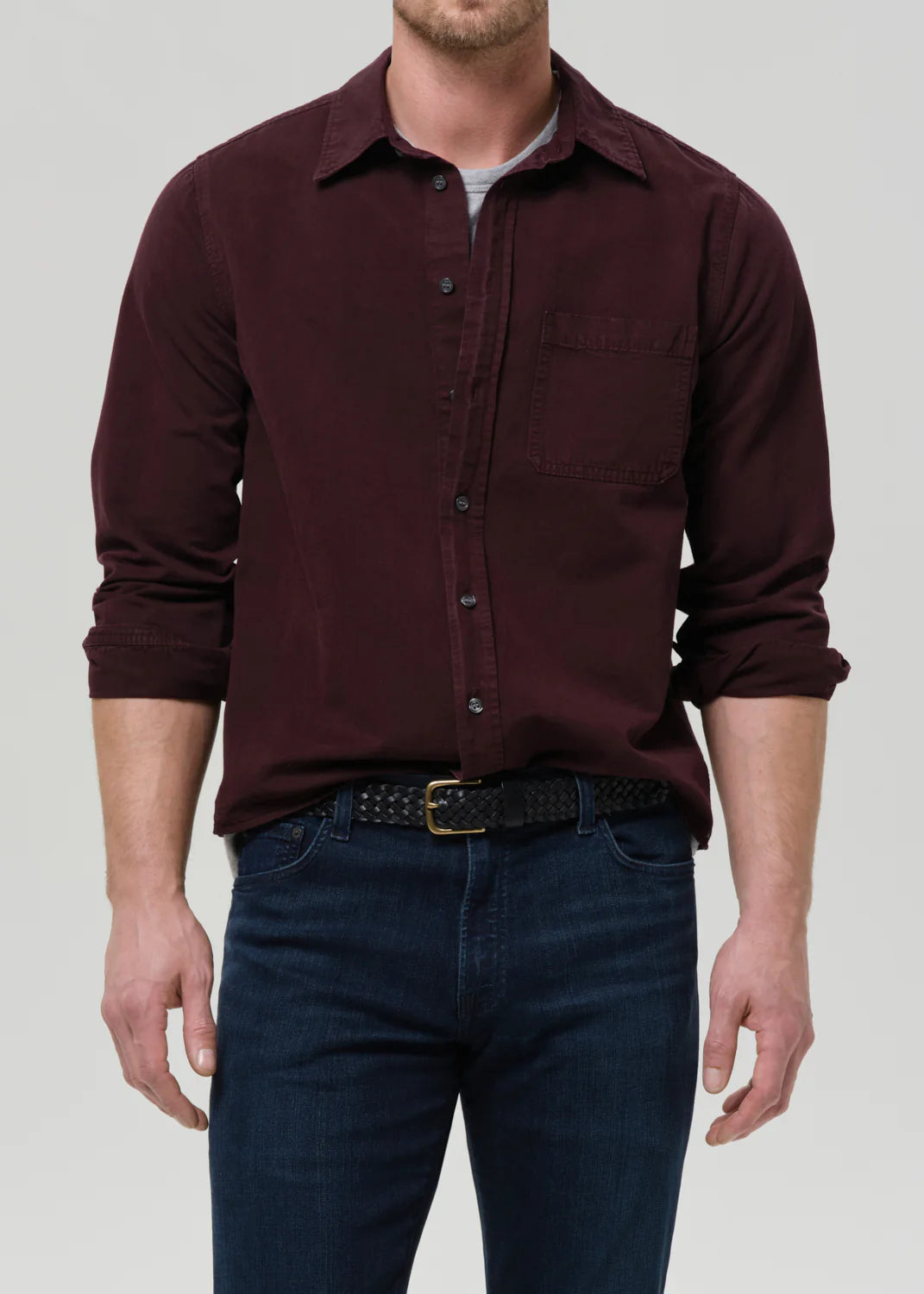 person wearing citizens of humanity mens Long Sleeve Cairo Shirt In Burgundy cotton flax linen