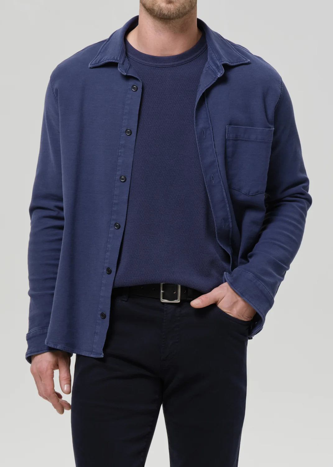 person wearing citizens of humanity mens Luca Bucket Dye Shirt French Terry In Indigo