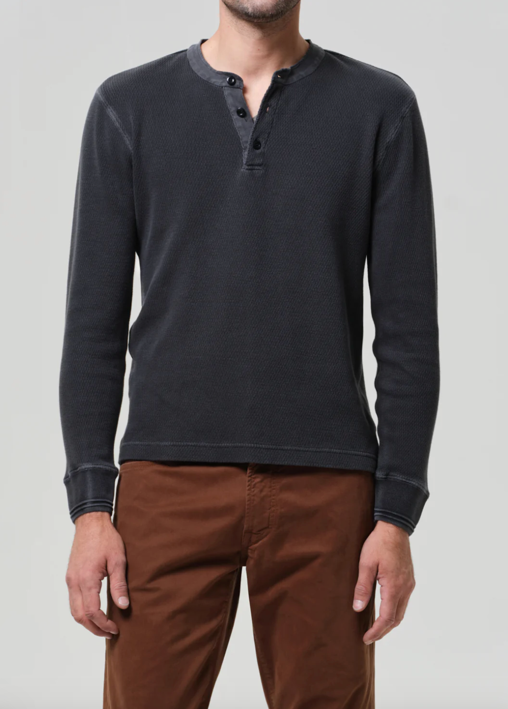 Waffle Three Button Henley in Charred Cedar