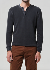 Waffle Three Button Henley in Charred Cedar