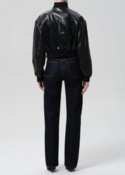 person wearing citizens of humanity womens denim Palma Straight Long Clean Hem In Inky Rinse
