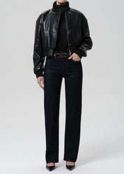 person wearing citizens of humanity womens denim Palma Straight Long Clean Hem In Inky Rinse