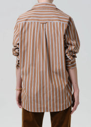 person wearing citizens of humanity womens japanese cotton Thea Boyfriend Shirt In Copper Stripe