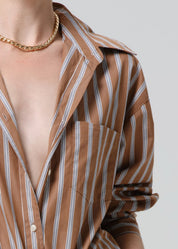 person wearing citizens of humanity womens japanese cotton Thea Boyfriend Shirt In Copper Stripe