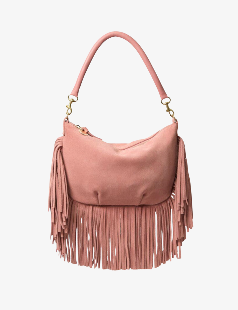 clare v womens Petit Moyen Fringe Messenger in Rose Clay suede