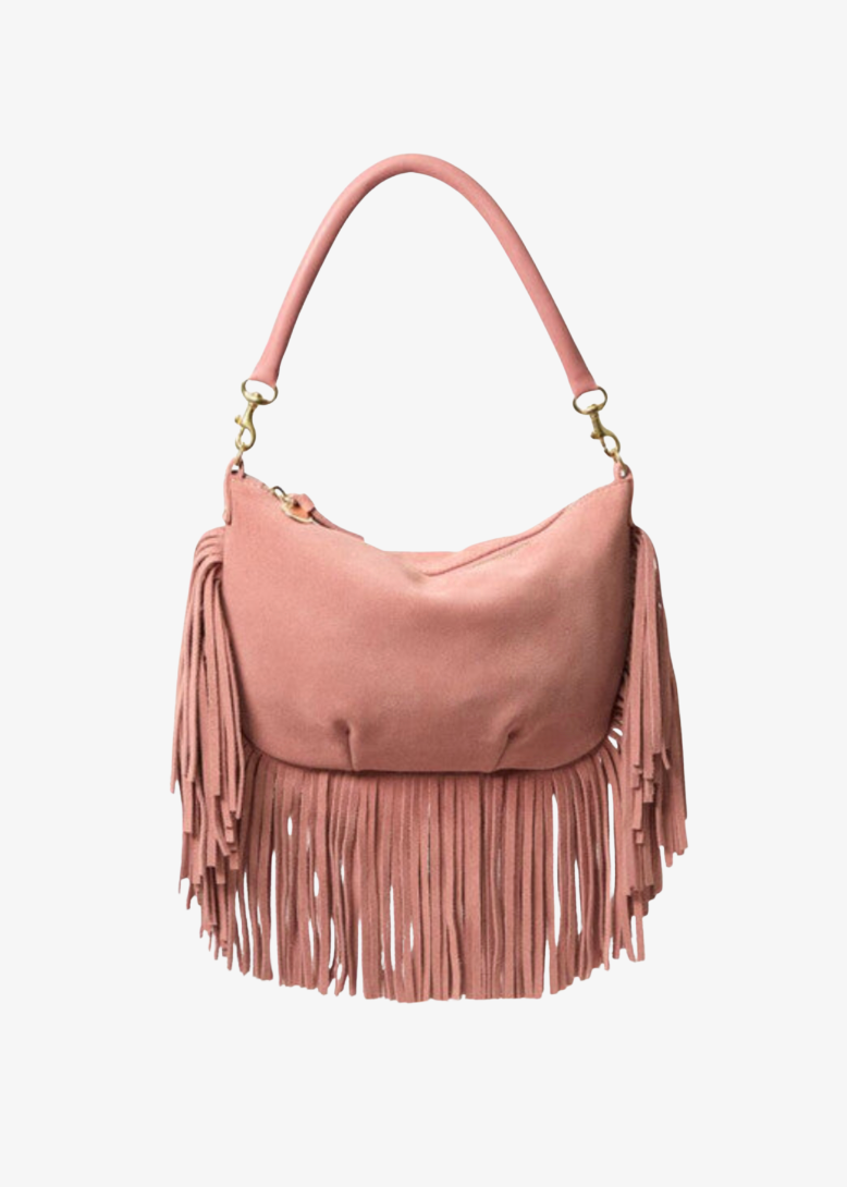 clare v womens Petit Moyen Fringe Messenger in Rose Clay suede