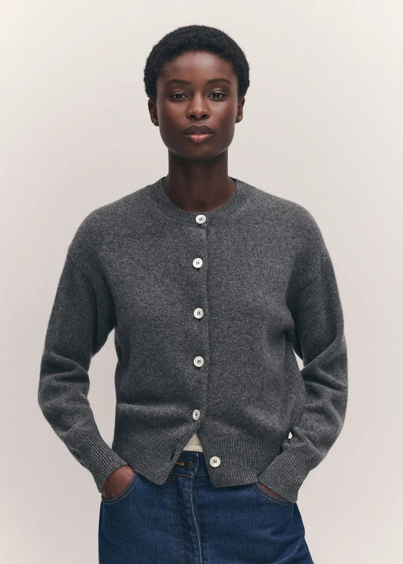 person wearing &daughter womens geelong lambswool Ada Crewneck Cardigan in Derby Grey