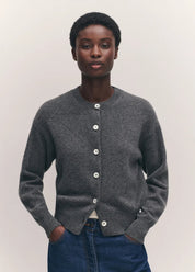 person wearing &daughter womens geelong lambswool Ada Crewneck Cardigan in Derby Grey