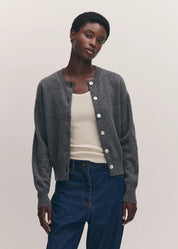 person wearing &daughter womens geelong lambswool Ada Crewneck Cardigan in Derby Grey