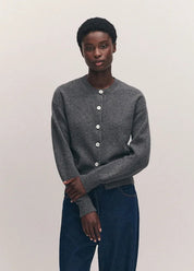 person wearing &daughter womens geelong lambswool Ada Crewneck Cardigan in Derby Grey