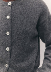 person wearing &daughter womens geelong lambswool Ada Crewneck Cardigan in Derby Grey
