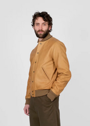 person wearing dehen1920 mens All-City Leather Jacket in Rust brown