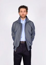 person wearing dehen1920 mens Weekender Jacket in Indigo Herringbone Denim
