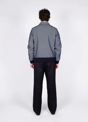 person wearing dehen1920 mens Weekender Jacket in Indigo Herringbone Denim