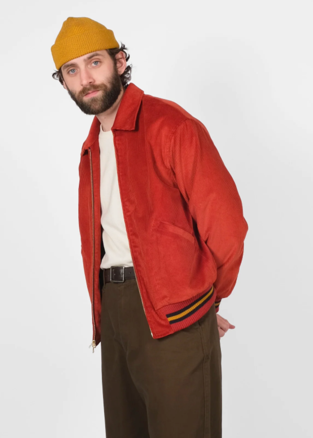 person wearing dehen 1920 mens 60's Cut Team Jacket in Rust Corduroy