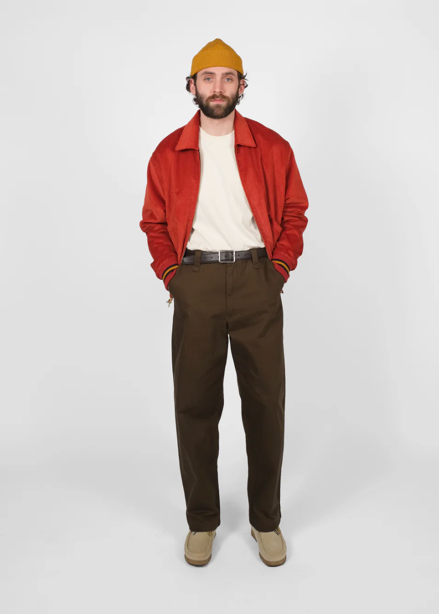 person wearing dehen 1920 mens 60's Cut Team Jacket in Rust Corduroy
