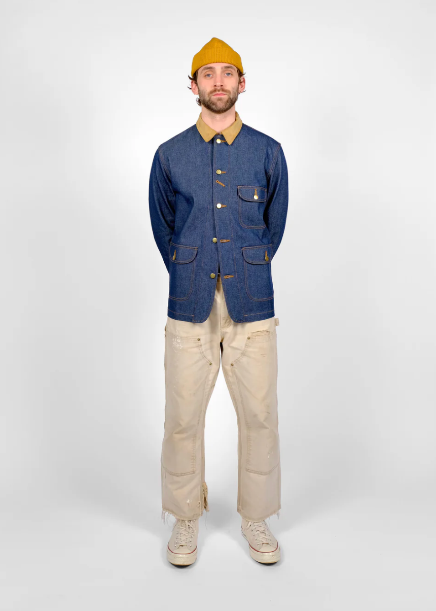 person wearing dehen 1920 mens Chore Coat 2.0 in Indigo Denim & Fawn Corduroy