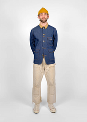 person wearing dehen 1920 mens Chore Coat 2.0 in Indigo Denim & Fawn Corduroy
