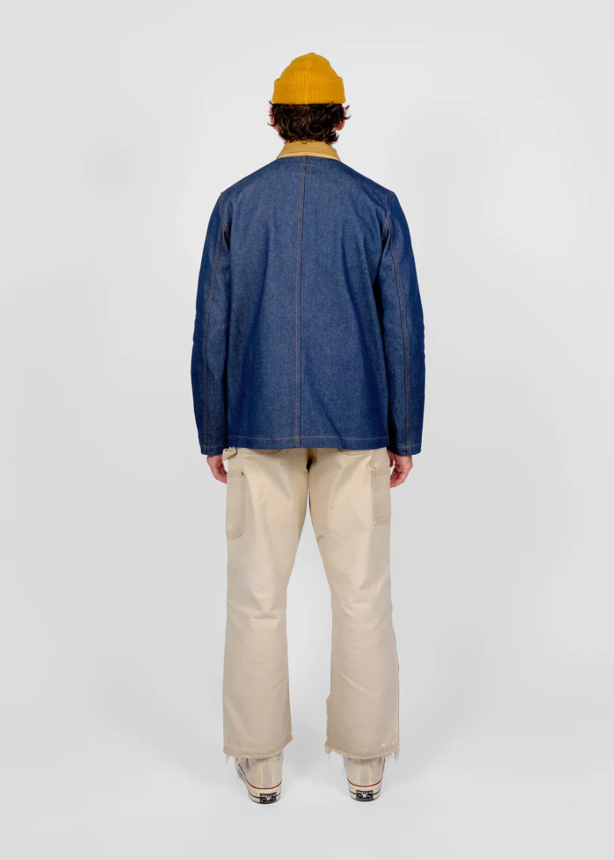 person wearing dehen 1920 mens Chore Coat 2.0 in Indigo Denim & Fawn Corduroy