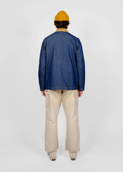 person wearing dehen 1920 mens Chore Coat 2.0 in Indigo Denim & Fawn Corduroy