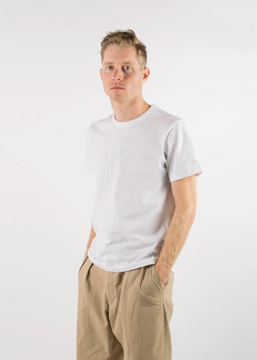 person wearing dehen 1920 mens cotton Heavy Duty Tee in White