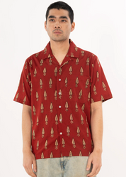 person wearing dushyant mens 'The Don' Short Sleeve Camp Collar Shirt in Maroon Motif