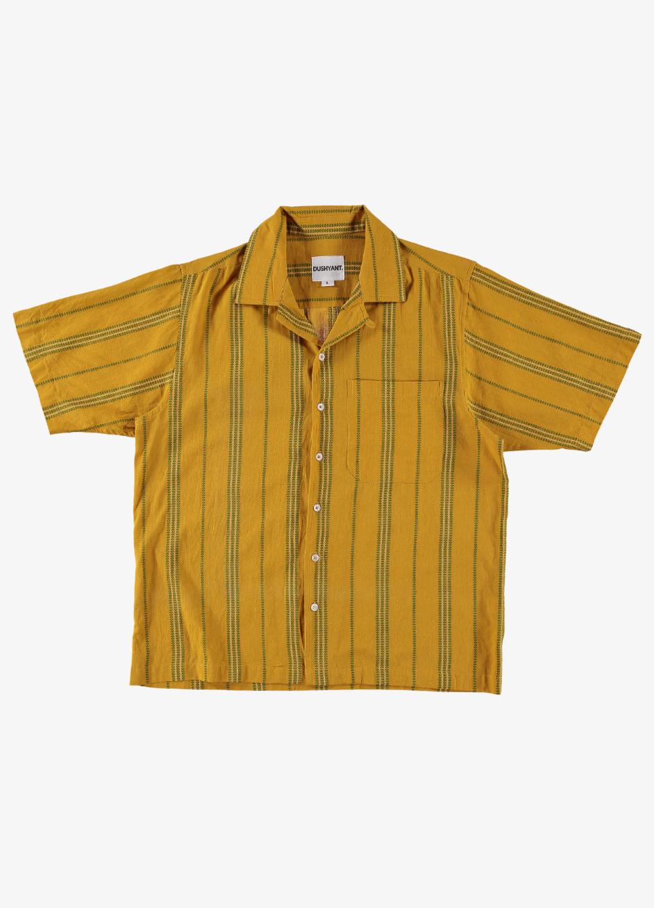 dushyant mens 'The Don' Short Sleeve Camp Shirt in Mustard with Green Jamdani Embroidery