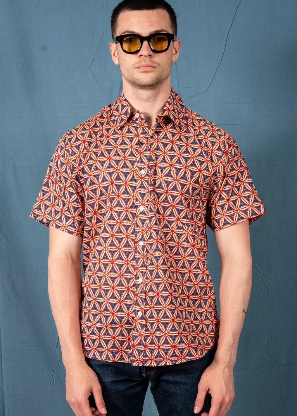 person wearing dushyant mens 'The Folk' Short Sleeve Pocket Shirt in Baseball Print