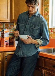 person wearing hiroshi kato mens The Brace Shirt 7oz Denim Shirt in Craig Wash