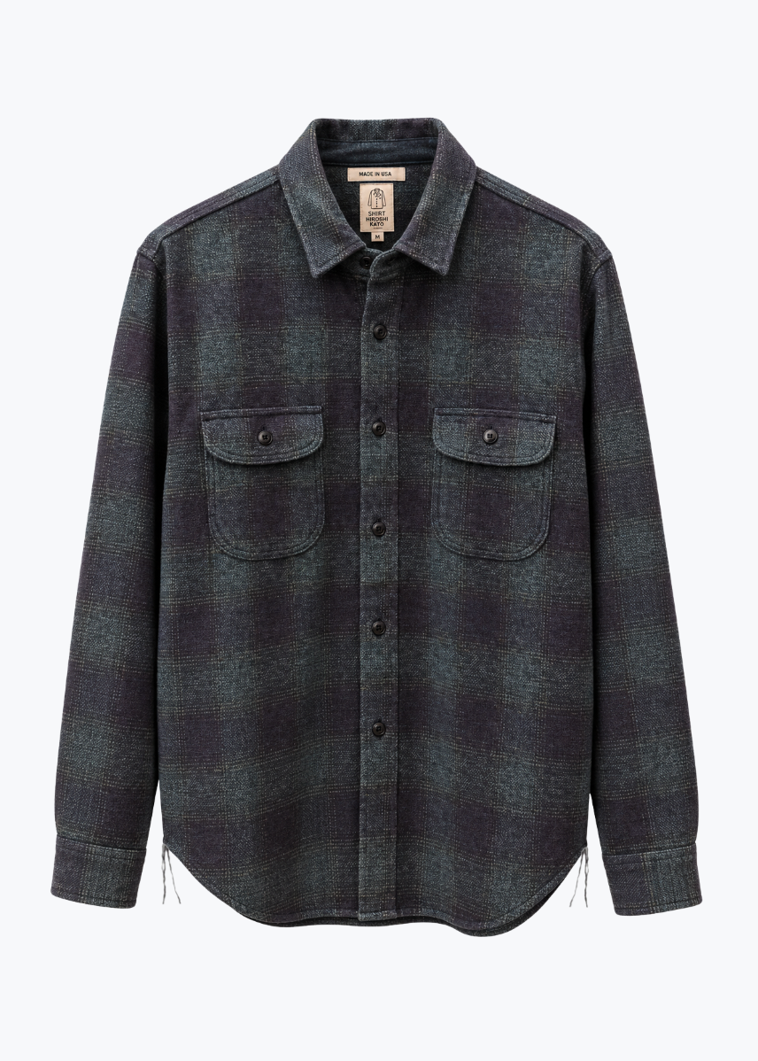 hiroshi kato mens The Brace Triple Twisted Plaid Shirt in Dark Forest