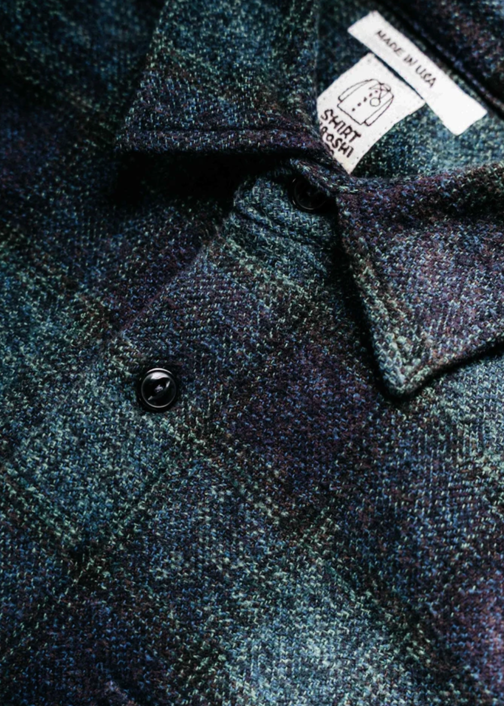 hiroshi kato mens The Brace Triple Twisted Plaid Shirt in Dark Forest