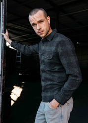 person wearing hiroshi kato mens The Brace Triple Twisted Plaid Shirt in Dark Forest