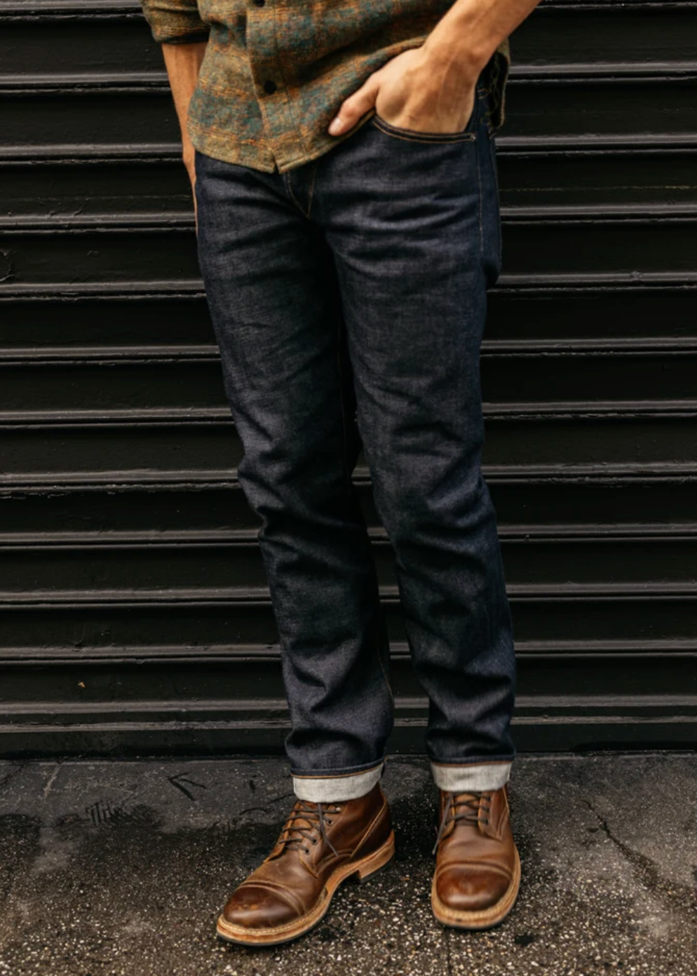 person wearing hiroshi kato mens The Hammer Straight 14.5oz Teacore Raw Selvedge Jeans