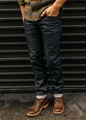 person wearing hiroshi kato mens The Hammer Straight 14.5oz Teacore Raw Selvedge Jeans