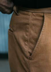 person wearing hiroshi kato mens The Pipe Straight Denit® Chino in Khaki